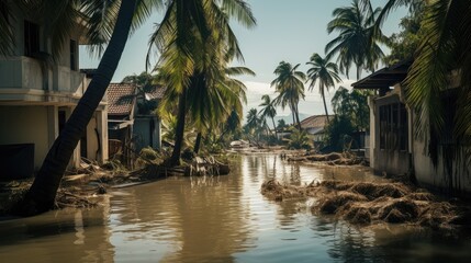 Flooded village with a damaged car, damaged houses, rubble and mud on the street. - obrazy, fototapety, plakaty