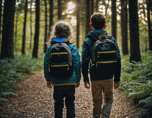 Fototapeta na wymiar photo group of kids as a backpacker in the dark wood, generative AI