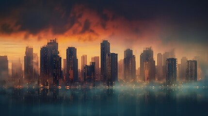 Obraz premium Dreamy sunset in the city landscape with a neon gradient 