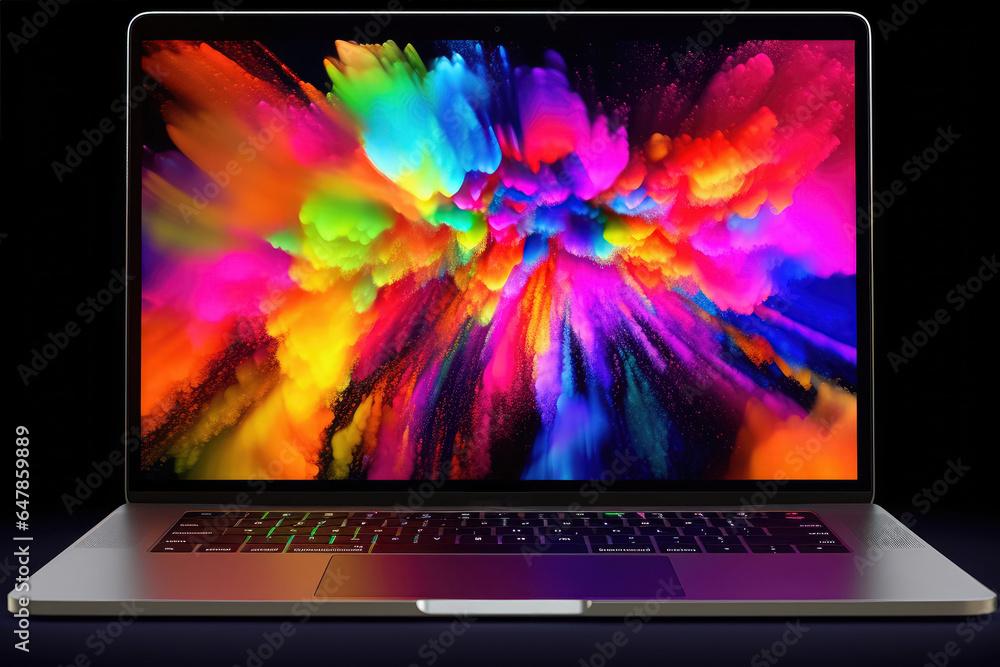 Poster laptop on a dark background with a white blank display. the concept of replenishment of content in a