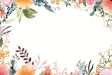 Flowers and leaves as a frame on a wedding invitation card design with white background. Empty space for your text in the middle. Floral wallpaper.