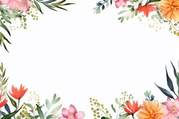 Fototapeta na wymiar Flowers and leaves as a frame on a wedding invitation card design with white background. Empty space for your text in the middle. Floral wallpaper.