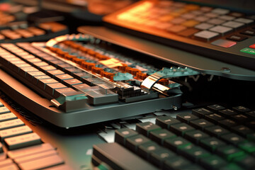 Fototapeta na wymiar Old retro keyboard with retro computer hardware. Old computer hardware concept. Generative AI.