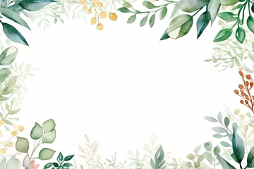 Fotobehang Green leaves as a frame with empty white background space for your text. Wedding invitation or postcard design in watercolor wallpaper style. © Simon