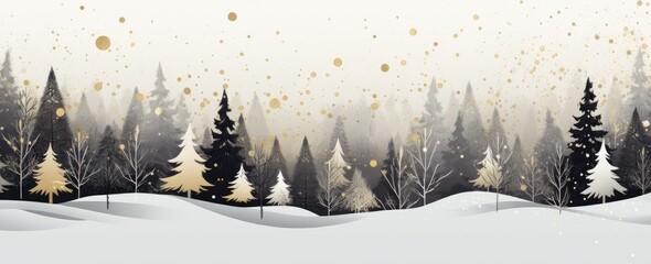 Beautiful christmas holiday background with a forest in black and gold. Abstract winter wallpaper.