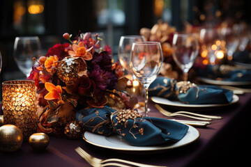 Fototapeta premium Lavishly decorated tables set for a gathering or a celebratory event. Generative AI.