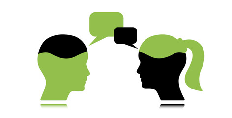 Man, woman human heads with communication bubbles vector illustration. Male female person chatting concept for use in communication, diversity,  idea, teamwork concept projects.
