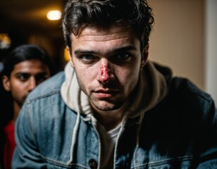 photo group of rage angry teenage college boy fighting the other with wound on face, generative AI