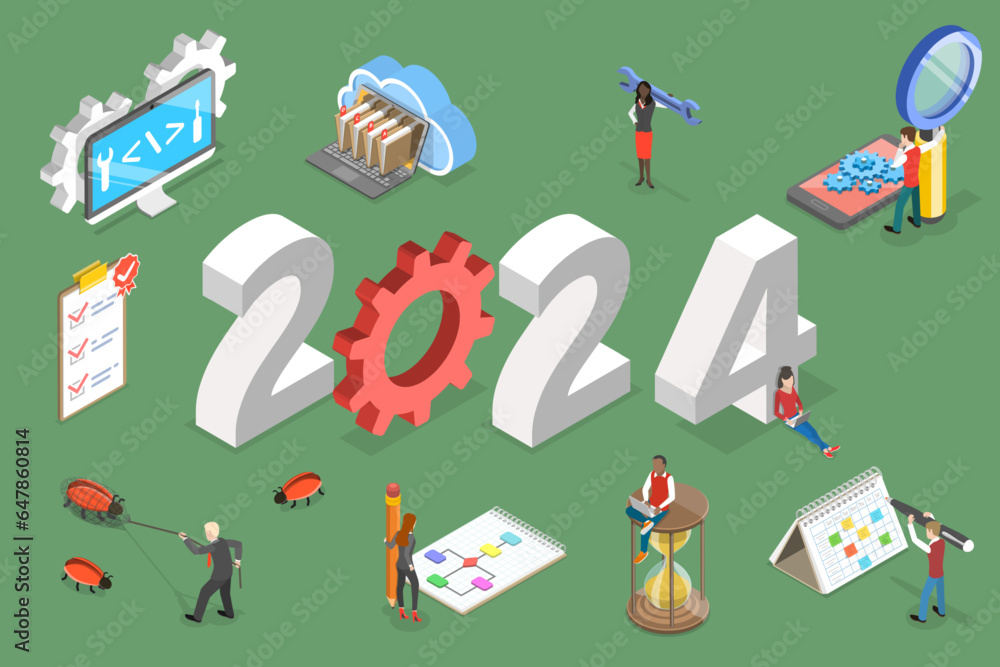 Poster 3d isometric flat vector conceptual illustration of new year 2024 and software development, agile pr