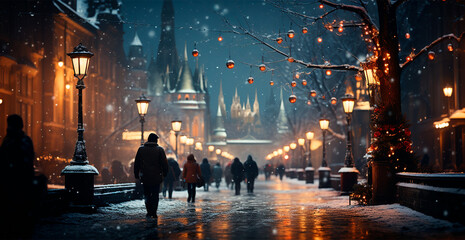 Night snowy Christmas Moscow, New Year holiday, blurred background - AI generated image - obrazy, fototapety, plakaty