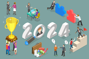 3D Isometric Flat Vector Conceptual Illustration of New Year 2024 And Employees Onboarding, HR Managment