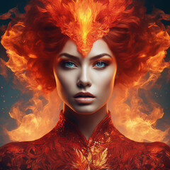 Portrait of a beautiful woman with bright make-up over fire background.