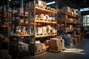 Obraz premium An e-commerce warehouse with shelves stacked full of products, ready for shipment. Generative AI.