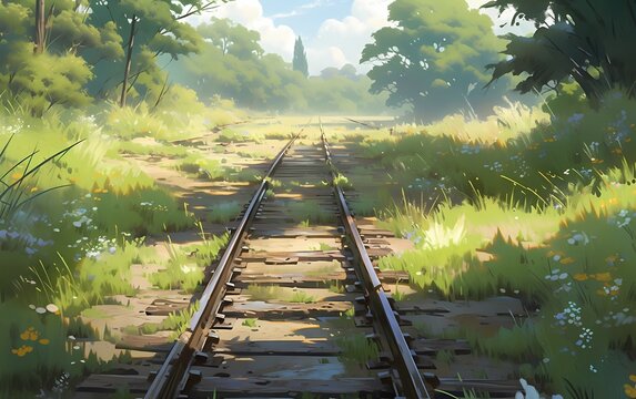 rust-covered tracks completely enveloped by wildflowers and tall grass