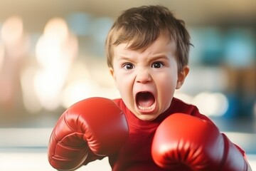Boxer toddler fighting with an angry look. Generative AI - obrazy, fototapety, plakaty