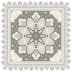 Decorative doodle ornament, symmetric pattern with lace frame. Tribal ethnic mandala decor. Bandana shawl, hijab, tablecloth fabric print, silk neck scarf, kerchief design. Colorful vector background
