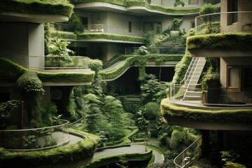 Urban landscape with modern buildings with vertical gardens. Environmental awareness and protection concept. 