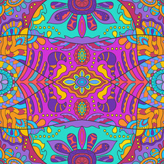 Hand drawn seamless graphic pattern, colorful artistic background with floral and geometric elements. Doodle ethnic mandala ornament for textile fabric, paper print. Surface texture 