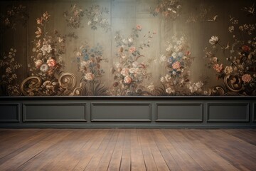 Interior room with luxury floral wallpaper.
