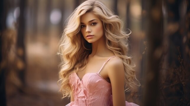 Very cute beautiful girl in evening pale pink dress against the background of nature