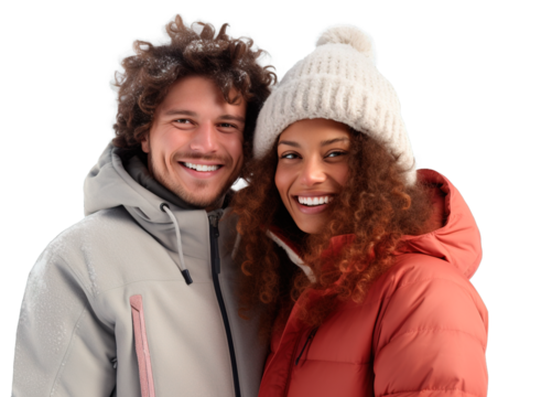 Happy multi ethnic couple enjoying winter holidays posing over isolated white background - Powered by Adobe