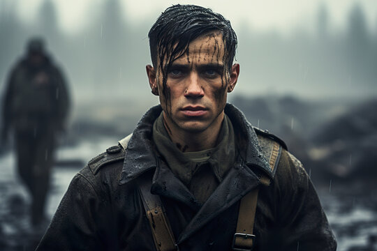 A cinematic portrait that evokes the dark era of World War II. Soldier in combat zone with vintage uniform. Dramatic scene of a soldier's bravery.