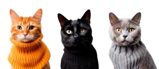 Front view of three different cute cats wearing knit sweaters posing on isolated white and transparent background