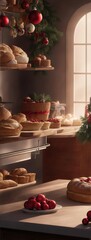 Christmas Bakery with christimas decoration. Kitchen decorated with christmas decoration and christmas  bakery products Generative AI.