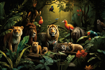 Mixed group of wild animals in the jungle