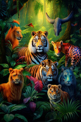 Mixed group of wild animals in the jungle