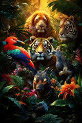 Mixed group of wild animals in the jungle