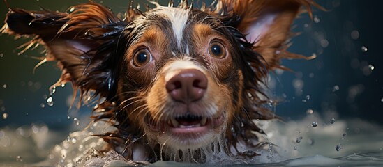 Humorous canine bathed and wet in tub