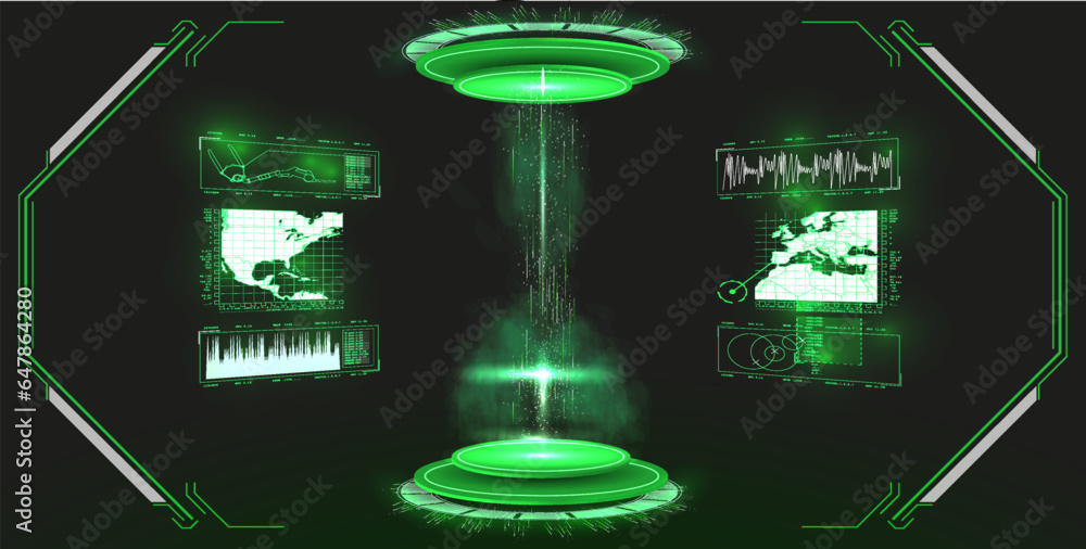 Poster green hud ui design vector illustration futuristic helmet or cockpit view in hud, fui style. luminou