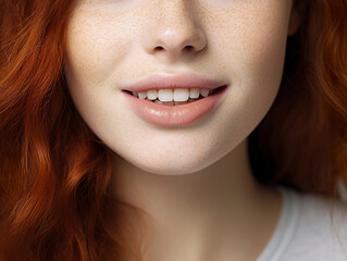 An adorable little girl with red hair displays a charming smile. Girlish face with delicate freckles and pink lips add a touch of charm to her appearance. Closeup of beautiful lips.