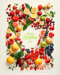 World Vegan Day poster and wallpaper with colorful fruits and vegetables