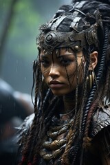 a woman with a metal headdress and braids