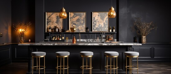 Gold artwork on black wall above black bar stools with white pendant lights in kitchen