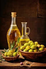 Natural olives with bottles of olive oil on an old wooden table