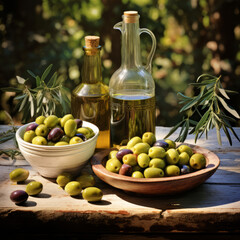 Natural olives with bottles of olive oil on an old wooden table