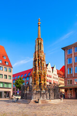 Schoener Brunnen fountain in Nuremberg, Germany - obrazy, fototapety, plakaty