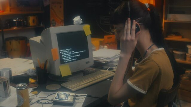 Young female programmer wearing headphones working on computer in garage office putting cassette into portable audio player to enjoy music, 90s aesthetics