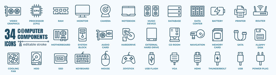 Computer hardware and components vector icon set. Containing online, computer, network, website, server, web design, hardware, software and programming. - obrazy, fototapety, plakaty