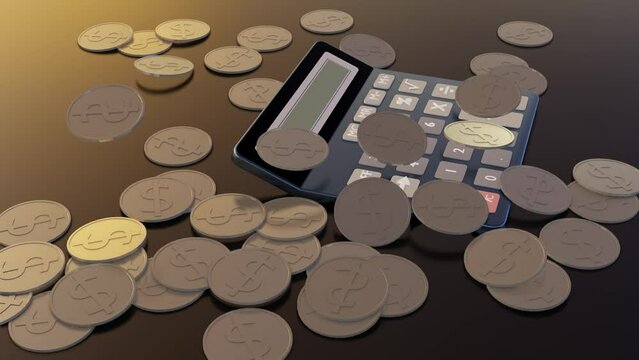 Dropping calculator and coins scattered all over the place 3d rendering