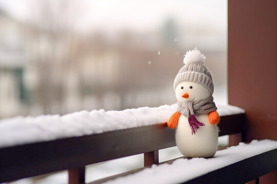 Mini snowman made of feutre, on the balcony balustrade. Generative AI