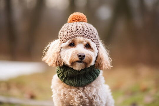 Cute little dog in a knitted cap in an autumn park. Generative AI