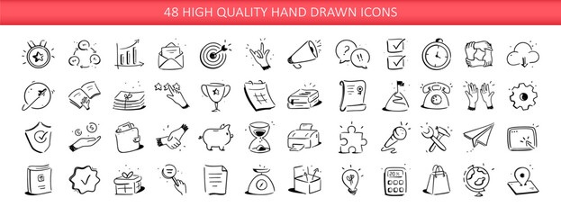 Doodle hand drawn big icons set of business, social media, web icons. Sketch symbols on different topics. Vector EPS 10