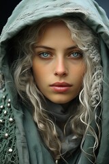 a woman with long blonde hair wearing a hood