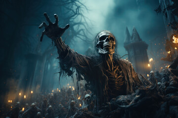 Fototapeta premium Scary zombie emerging from the ground. Scaring concept, halloween. Generative Ai.