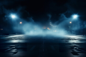 Background of an intriguing scene in the dark of night. Wet asphalt in bluish tones creating a dramatic effect with smoke in the air. Scenario with an enigmatic atmosphere.