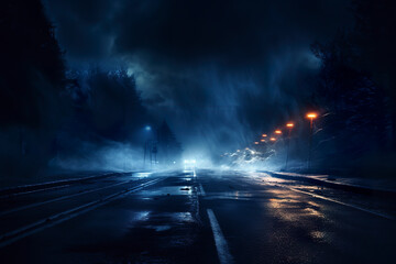 Background of an intriguing scene in the dark of night. Wet asphalt in bluish tones creating a dramatic effect with smoke in the air. Scenario with an enigmatic atmosphere.